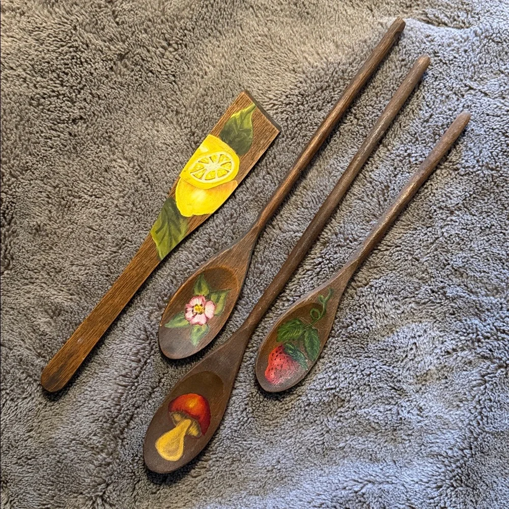 Vintage 70s Hand Painted Wooden Utensils Set (4)